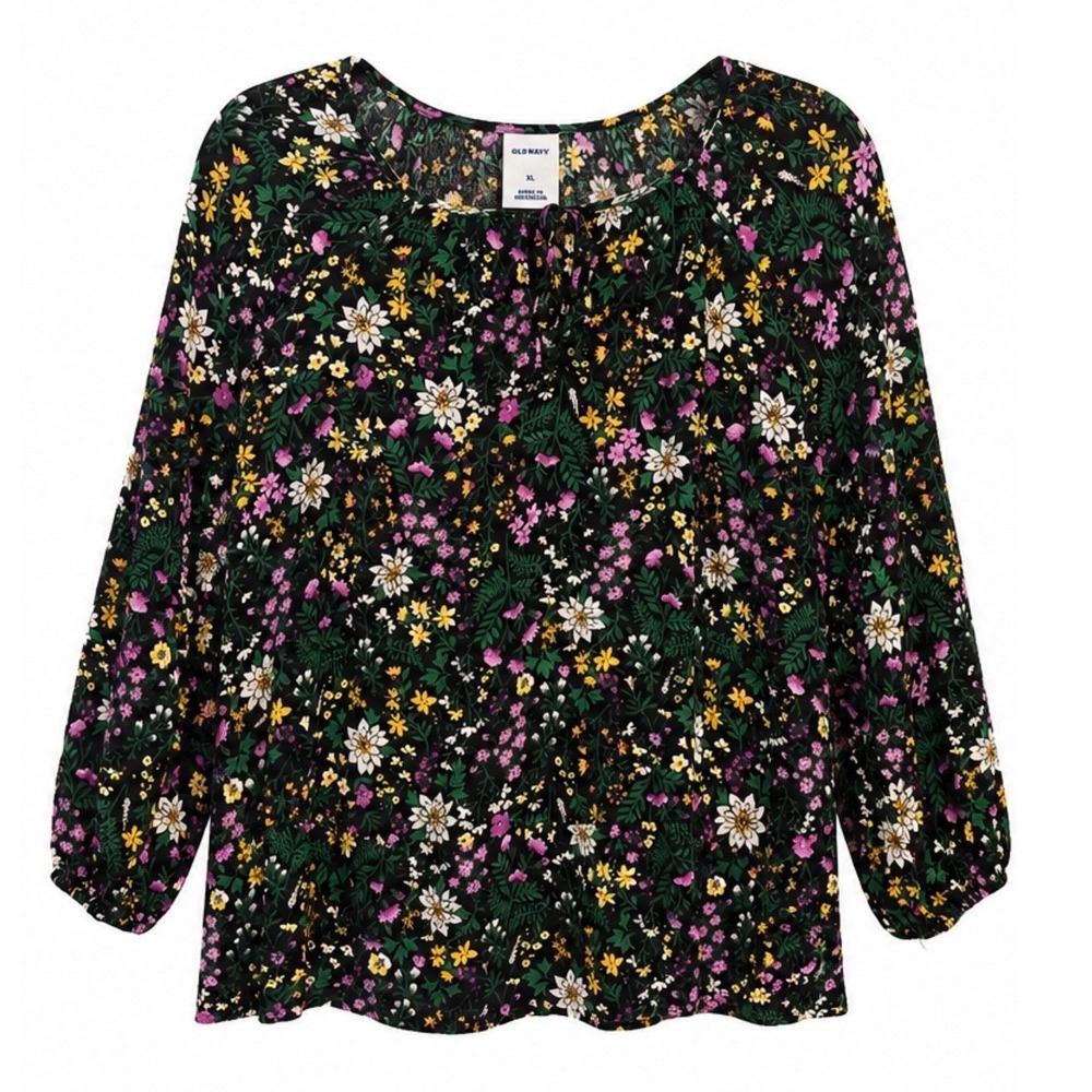 Old Navy Womens XL Floral Peasant Blouse Black Multi Color 3/4 Sleeve Tie Neck